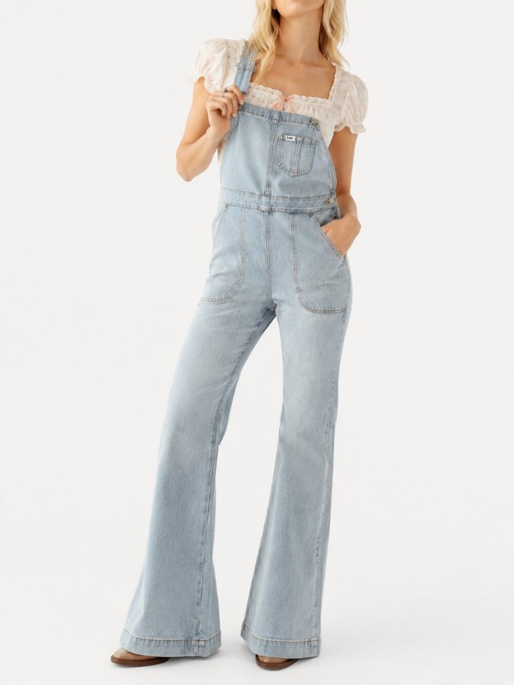 NWT Free People x Lee Factory Flare Overalls Vibrant Blues Denim Bib Small